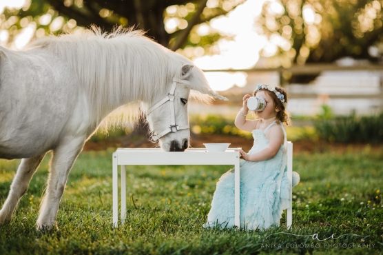 child sitting at a table in a field having a tea party with a unicorn